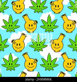 Cute kawaii happy weed leaf,bong,trippy seamless pattern.Vector hand drawn kawaii cartoon character illustration.Smile trippy face,weed,cannabis,marijuana,high,dope seamless pattern concept Stock Vector