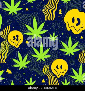 Deformed flex distorted grid in space,melt smile face,weed cannabis leaf seamless pattern.Vector graphic illustration.Psychedelic melting grid,distortion,techno,marijuana,weed seamless pattern print Stock Vector