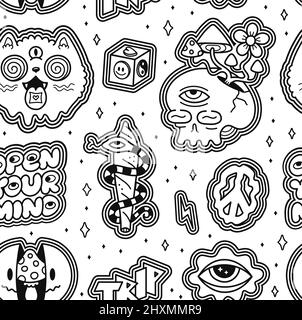 Funny crazy psychedelic seamless pattern. Vector cartoon illustration wallpaper background design. Psychedelic,lsd acid,magic mushrooms print for seamless pattern,page for coloring book concept Stock Vector