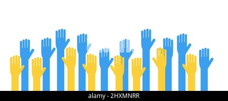 Help Ukraine no war concept with hands of Various people. Symbol of human community help in Ukranian national flag colors flat vector banner Stock Vector