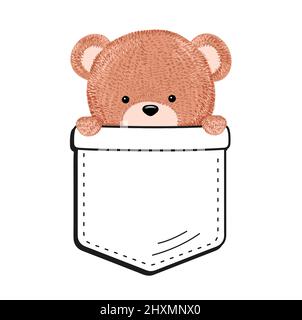 Cute funny bear in pocket t-shirt print.Vector cartoon doodle line character logo illustration design.Isolated on white background. Funny vintage bear print for pocket t-shirt,clothing concept Stock Vector