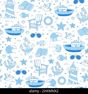 Sea,marine seamless pattern.Vector cartoon doodle hand drawn style character illustration design.Vintage sailor,sea,island,vacation,travel seamless pattern,wallpaper concept Stock Vector