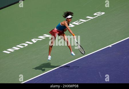 Indian Wells, California. March 13, 2022 Emma Raducanu of Great Britain serves against Petra Martic of Croatia during the 2022 BNP Paribas Open at Indian Wells Tennis Garden in Indian Wells, California. Mandatory Photo Credit: Charles Baus/CSM. Stock Photo