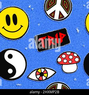 Hippie style patch on jeans seamless pattern wallpaper.Vector cartoon illustration.Smile face,peace sign,acid,60s,70s,90s,trippy amanita mushroom,Yin Yang,hippie seamless pattern wallpaper print art Stock Vector