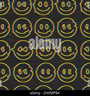 Funny psychedelic surreal melt glitch smile face seamless pattern.Vector illustration seamless pattern.Smile yellow distorted,3d glitch.face melt,acid,techno,trippy print seamless pattern concept art Stock Vector