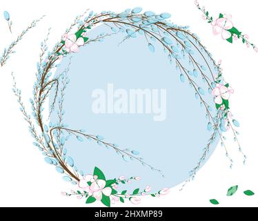 Illustration of a beautiful frame with flowering willow branches and apple flowers for any decoration. copy space Stock Vector