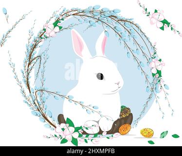 Cute illustration of Easter Bunny in the branches of flowering willow and apple tree flowers. Families celebrate Easter together. Happy Easter God Ble Stock Vector