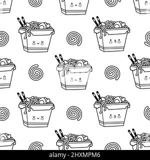 Cute funny happy wok noodle box character seamless pattern.Vector line art page for coloring book.Asian food, noodle, wok box character seamless pattern concept Stock Vector