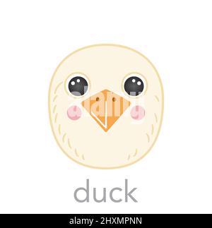 Duck Cute portrait with name text smile head cartoon round shape avatar bird animal face, isolated vector icon illustrations on white background. Flat simple for UI app kids poster, cards, t-shirts Stock Vector