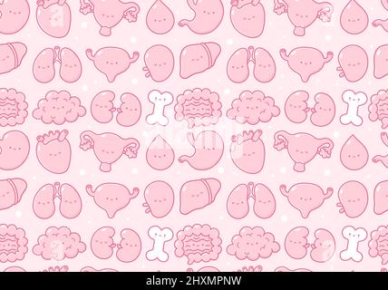 Cute human organs character seamless pattern. Vector line cartoon kawaii character illustration icon.Bone,stomach,heart,uterus,blood,liver,lungs,bladder,splee,intestine,kidneys seamless pattern Stock Vector