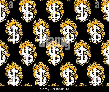 Dollar symbol burn in fire seamless pattern .Vector cartoon graphic illustration wallpaper background design.Dollar,money burn,fire print seamless pattern Stock Vector