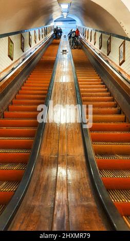 Old wooden escalator in the subway Stock Photo