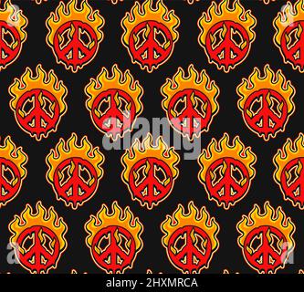 Peace symbol burn in fire seamless pattern .Vector cartoon graphic illustration wallpaper background design.Trippy psychdelic peace,fire print seamless pattern Stock Vector