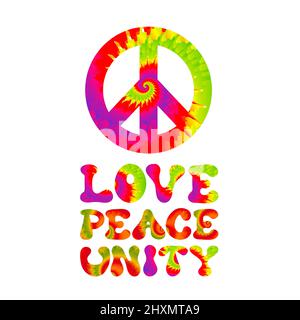 Love,peace,unity quote. Tie dye psychedelic surreal font.Vector tiedye illustration logo.Love,peace,unity slogan text.60s,70s,groovy,tie dye psychedelic,trippy print for t-shirt,poster,sticker concept Stock Vector