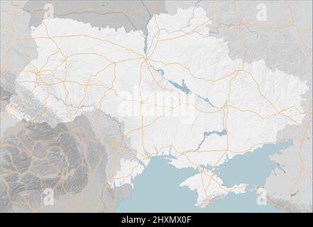 Map of Eastern Europe, Ukraine and neighboring states, satellite view, sides and factions. Allied states. Main roads and urban centers. War map Stock Photo