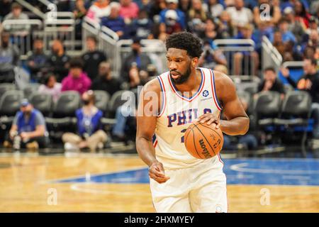 Orlando, Florida, USA, March 13, 2022, Philadelphia 76ers Center Joel Embiid #21 during the first half at the Amway Center.  (Photo Credit:  Marty Jean-Louis) Stock Photo