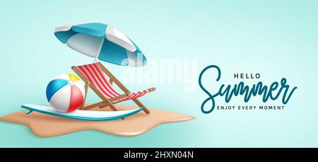 Hello summer vector design. Hello summer text with chair, umbrella and beach ball tropical elements in minimalist blue color for relax holiday season. Stock Vector