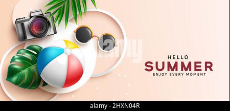 Hello summer vector background design. Hello summer text with beach ball, camera and sunglasses elements in minimalist space for flat lay photography. Stock Vector