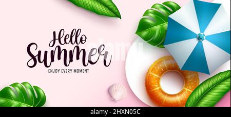 Hello summer vector background design. Hello summer greeting text in minimalist color space with tropical leaves and umbrella for photography. Stock Vector