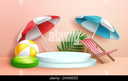 Summer photography design. Summer elements of umbrella, beach chair and floater beach ball in minimalist color background for studio decoration Stock Vector