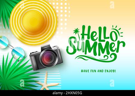 Summer vector background design. Hello summer typography text in gradient space with 3d hat, camera and sunglasses elements for tropical season. Stock Vector