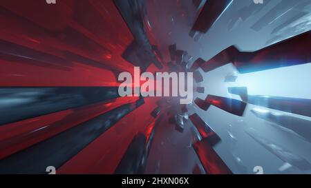 Abstract Cinematic Cyberspace Tunnel Machine Space Sci-fi red blue light 3d render loop Stock Photo