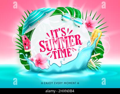 Summer time vector template design. It's summer time text in white circle foliage with tropical leaves and sea water splash elements for holiday. Stock Vector