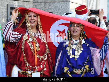 Tunis, Tunisia. 13th Mar, 2022. People dressed in national costume attend a celebration for the national day of traditional dress in Tunis, Tunisia, on March 13, 2022. Credit: Adel Ezzine/Xinhua/Alamy Live News Stock Photo