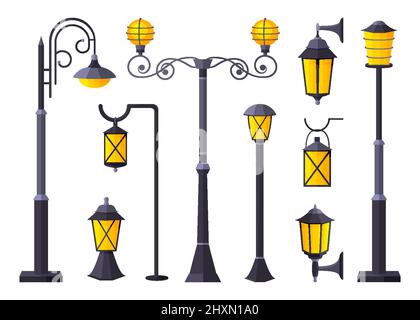 Lighting outdoor garden urban fixture flat set. Front street lamp spot outside inside building courtyard technique street. Modern classic gothic style various size design road electricity isolated Stock Vector