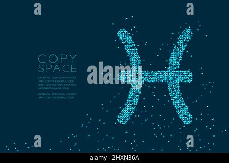 Abstract Star pattern Pisces Zodiac sign shape, star constellation concept design blue color illustration isolated on dark blue background with copy s Stock Vector