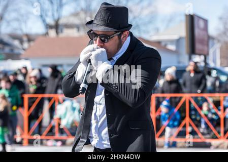 Rock Island Blues Revue at St. Patrick's Day Parade, Worcester, Massachusetts, March 13, 2022 Stock Photo