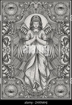 illustration angel praying with vintage engraving style Stock Vector