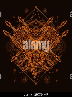 illustration elephant head with vintage mandala ornament style Stock ...