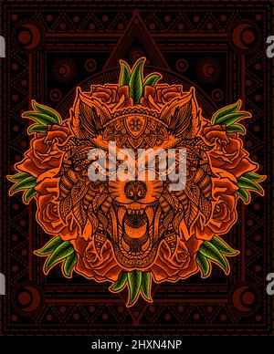 illustration wolf head mandala with rose flower Stock Vector
