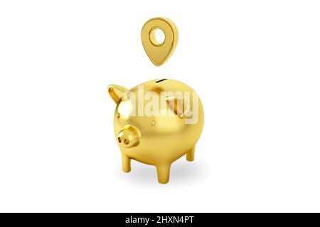 Gold piggy bank with gold map pointer 3d pin. Location symbol isolated on white background. 3D rendering. Stock Photo