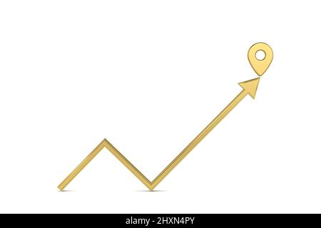 Front view of gold up arrow with gold map pointer 3d pin. Financial success and growth concept. 3D rendering Stock Photo