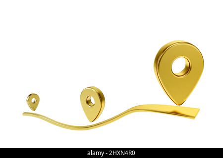 Abstract roadway location Infographic with gold map pointer 3d pin. Location symbol isolated on white background. Web location point. 3D rendering Stock Photo