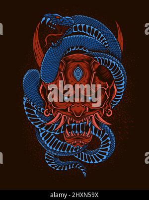 illustration red oni mask with snake Stock Vector