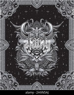 illustration wild boar viking head with vintage engraving ornament Stock Vector