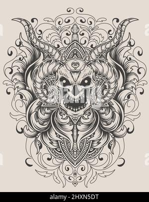 illustration demon skull head with antique engraving ornament Stock ...