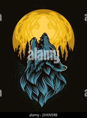 illustration vector wolf roaring on the moon Stock Vector
