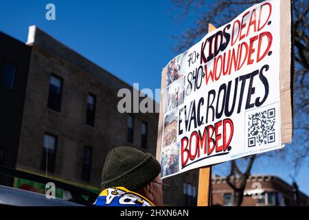 Chicago, USA. 13th Mar, 2021. Demonstrators gather for a protest of the Russian invasion of Ukraine in Chicago's Ukrainian Village on Sunday, March 13, 2022 in Chicago, IL. (Photo by Max Herman/Sipa USA) Credit: Sipa USA/Alamy Live News Stock Photo