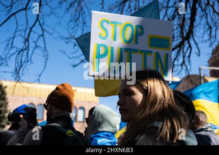 Chicago, USA. 13th Mar, 2021. Demonstrators gather for a protest of the Russian invasion of Ukraine in Chicago's Ukrainian Village on Sunday, March 13, 2022 in Chicago, IL. (Photo by Max Herman/Sipa USA) Credit: Sipa USA/Alamy Live News Stock Photo