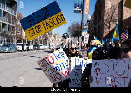 Chicago, USA. 13th Mar, 2021. Demonstrators gather for a protest of the Russian invasion of Ukraine in Chicago's Ukrainian Village on Sunday, March 13, 2022 in Chicago, IL. (Photo by Max Herman/Sipa USA) Credit: Sipa USA/Alamy Live News Stock Photo