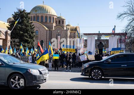 Chicago, USA. 13th Mar, 2021. Demonstrators gather for a protest of the Russian invasion of Ukraine in Chicago's Ukrainian Village on Sunday, March 13, 2022 in Chicago, IL. (Photo by Max Herman/Sipa USA) Credit: Sipa USA/Alamy Live News Stock Photo