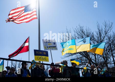 Chicago, USA. 13th Mar, 2021. Demonstrators gather for a protest of the Russian invasion of Ukraine in Chicago's Ukrainian Village on Sunday, March 13, 2022 in Chicago, IL. (Photo by Max Herman/Sipa USA) Credit: Sipa USA/Alamy Live News Stock Photo