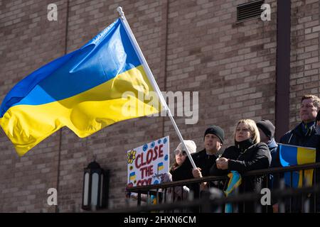 Chicago, USA. 13th Mar, 2021. Demonstrators gather for a protest of the Russian invasion of Ukraine in Chicago's Ukrainian Village on Sunday, March 13, 2022 in Chicago, IL. (Photo by Max Herman/Sipa USA) Credit: Sipa USA/Alamy Live News Stock Photo