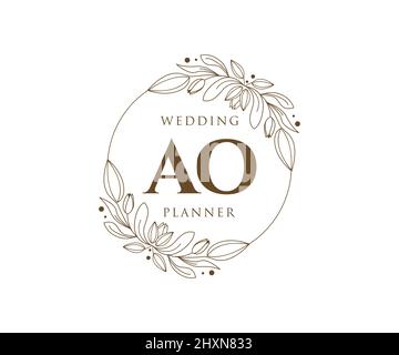 AO Initials letter Wedding monogram logos collection, hand drawn modern minimalistic and floral templates for Invitation cards, Save the Date, elegant Stock Vector