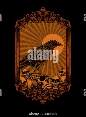 illustration crow bird with skull head Stock Vector