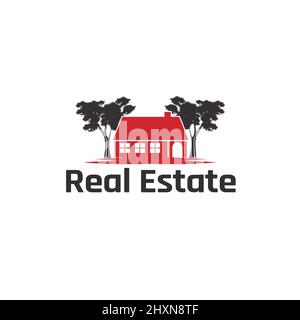Red house logo surrounded by shady trees Stock Vector